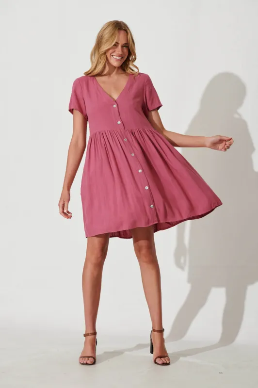 Horizon Smock Dress In Deep Rose Linen Blend sold by St Frock