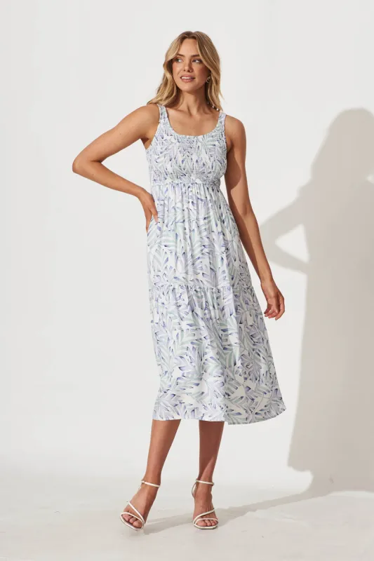 Caribbean Midi Dress In White With Blue Green Leaf Print sold by St Frock