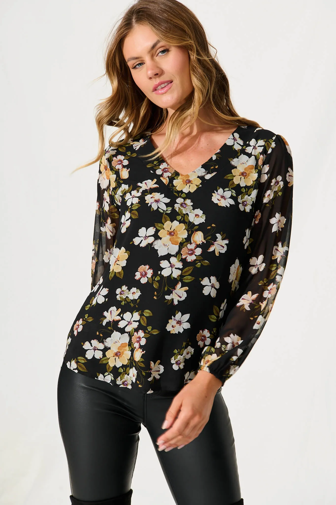 Lucy Top In Black With Multi Floral Print sold by St Frock