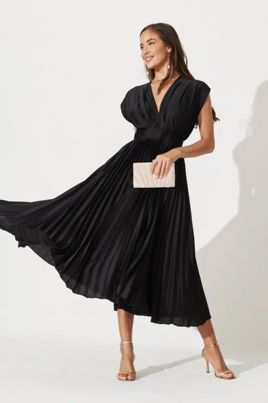 Anetta Midi Dress In Pleated Black Satin sold by St Frock