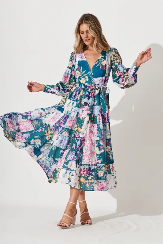 Hoffman Maxi Wrap Dress In Dark Green Patch Floral sold by St Frock