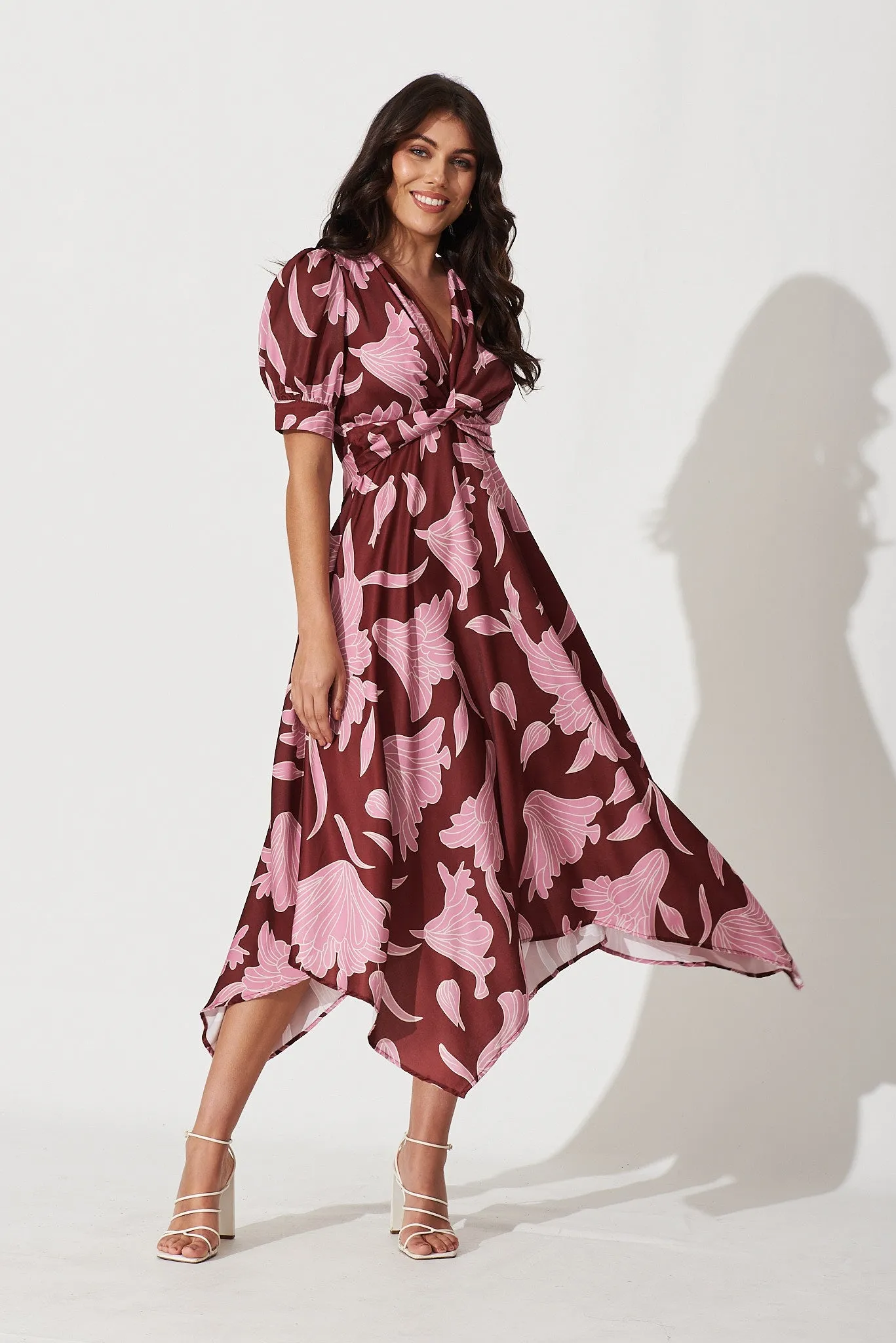 Rosie Midi Dress In Burgundy With Pink Floral sold by St Frock