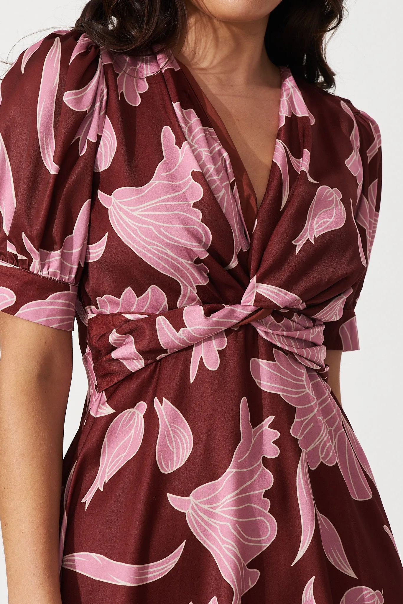 Rosie Midi Dress In Burgundy With Pink Floral sold by St Frock product image thumbnail 5