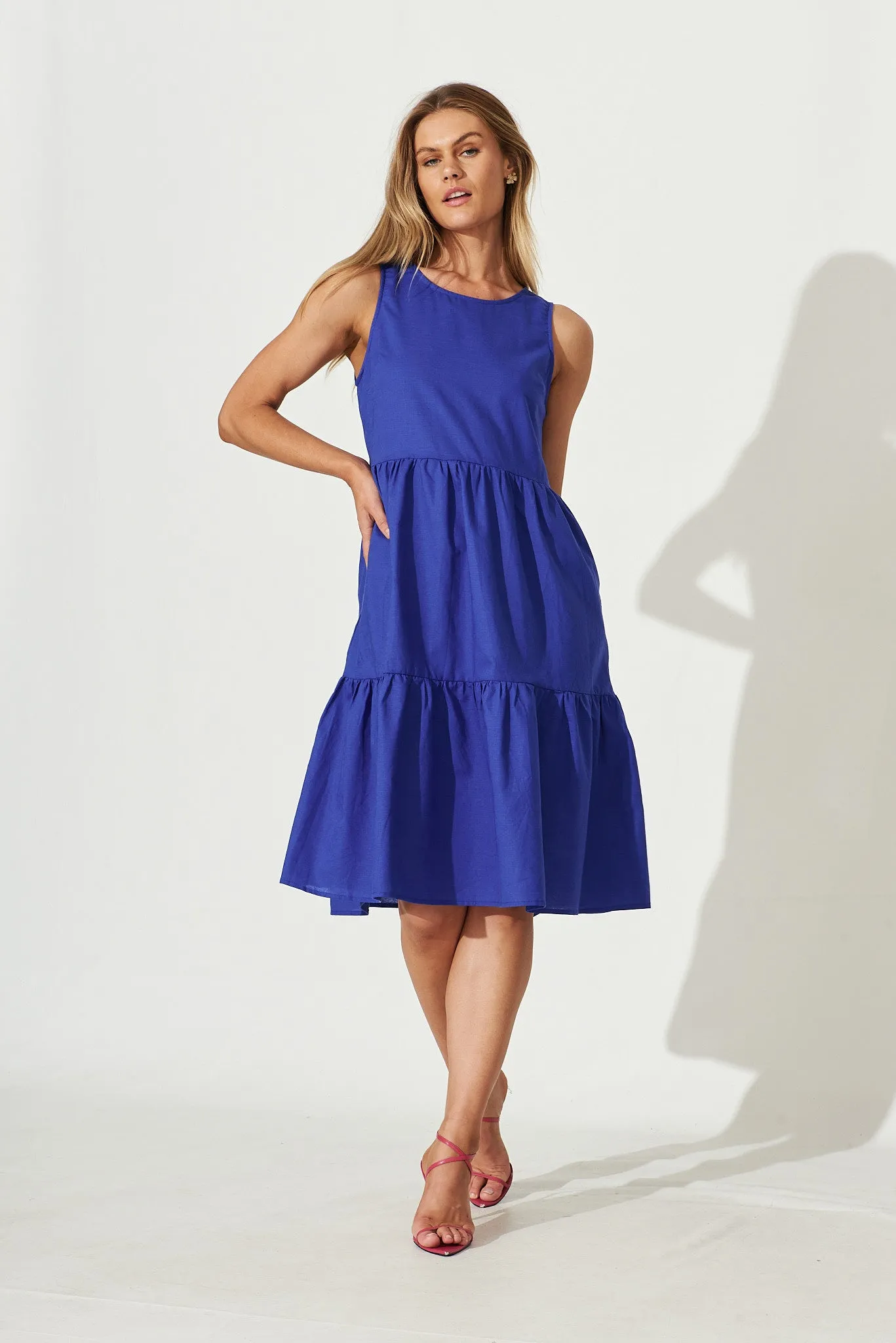 Nayeli Midi Dress In Royal Blue Linen Blend sold by St Frock