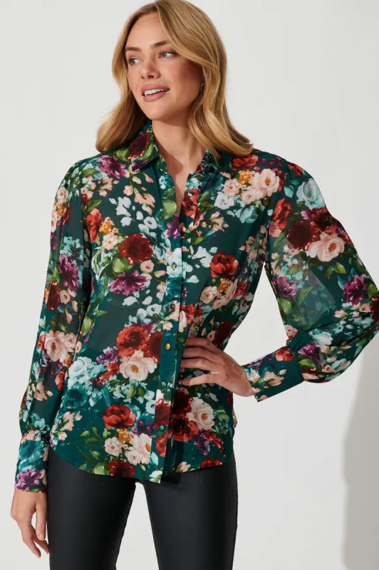 Mavis Shirt In Emerald Floral sold by St Frock