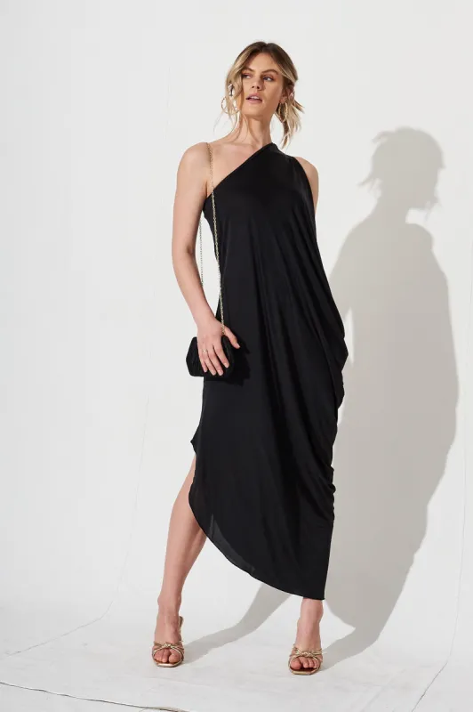 Goddess One Shoulder Maxi Dress in Black sold by St Frock