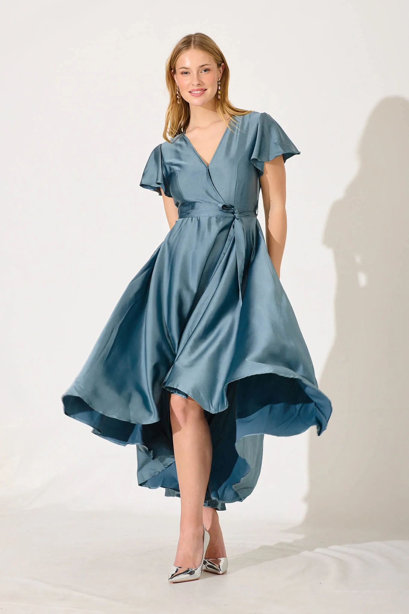 Loulou Maxi Dress In Sage Green Satin sold by St Frock