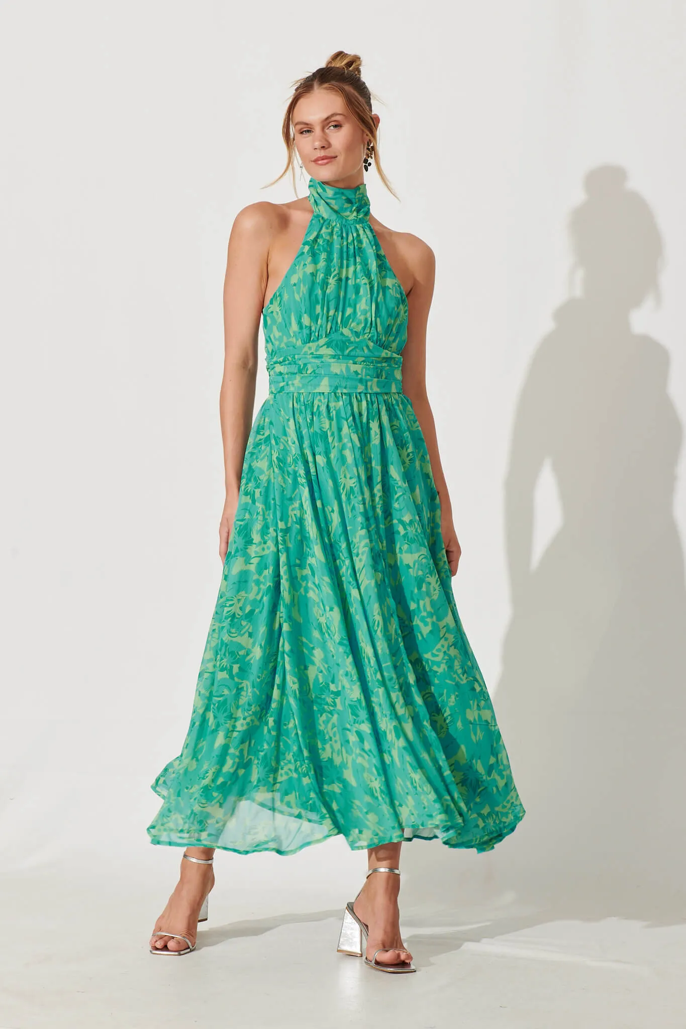 Heartbreaker Halter Neck Maxi Dress In Green Floral Chiffon sold by St Frock