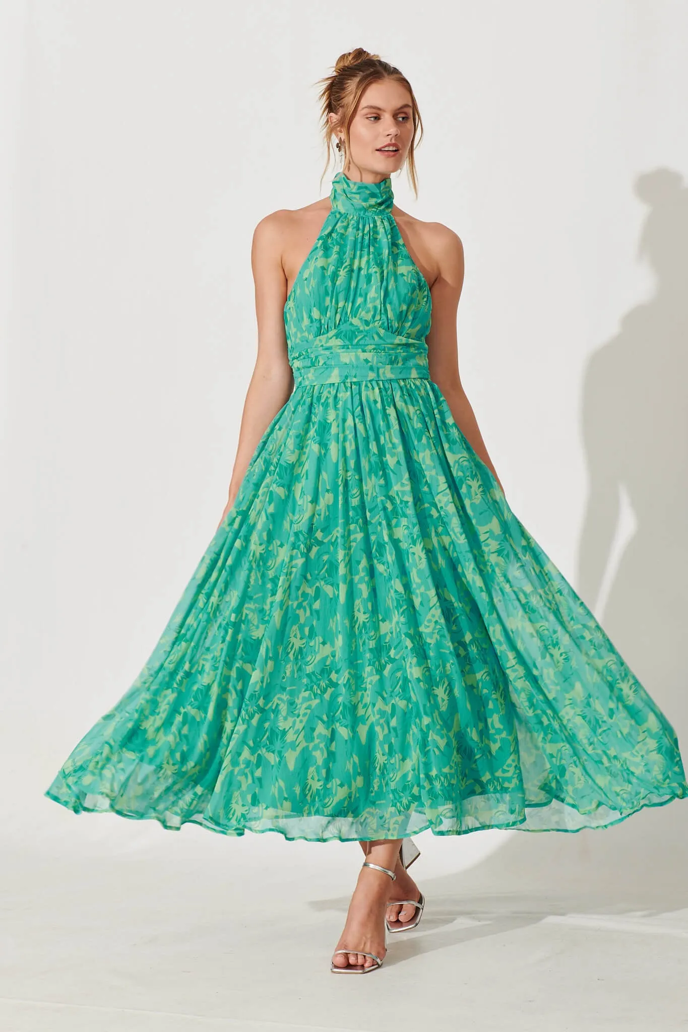 Heartbreaker Halter Neck Maxi Dress In Green Floral Chiffon sold by St Frock product image thumbnail 2