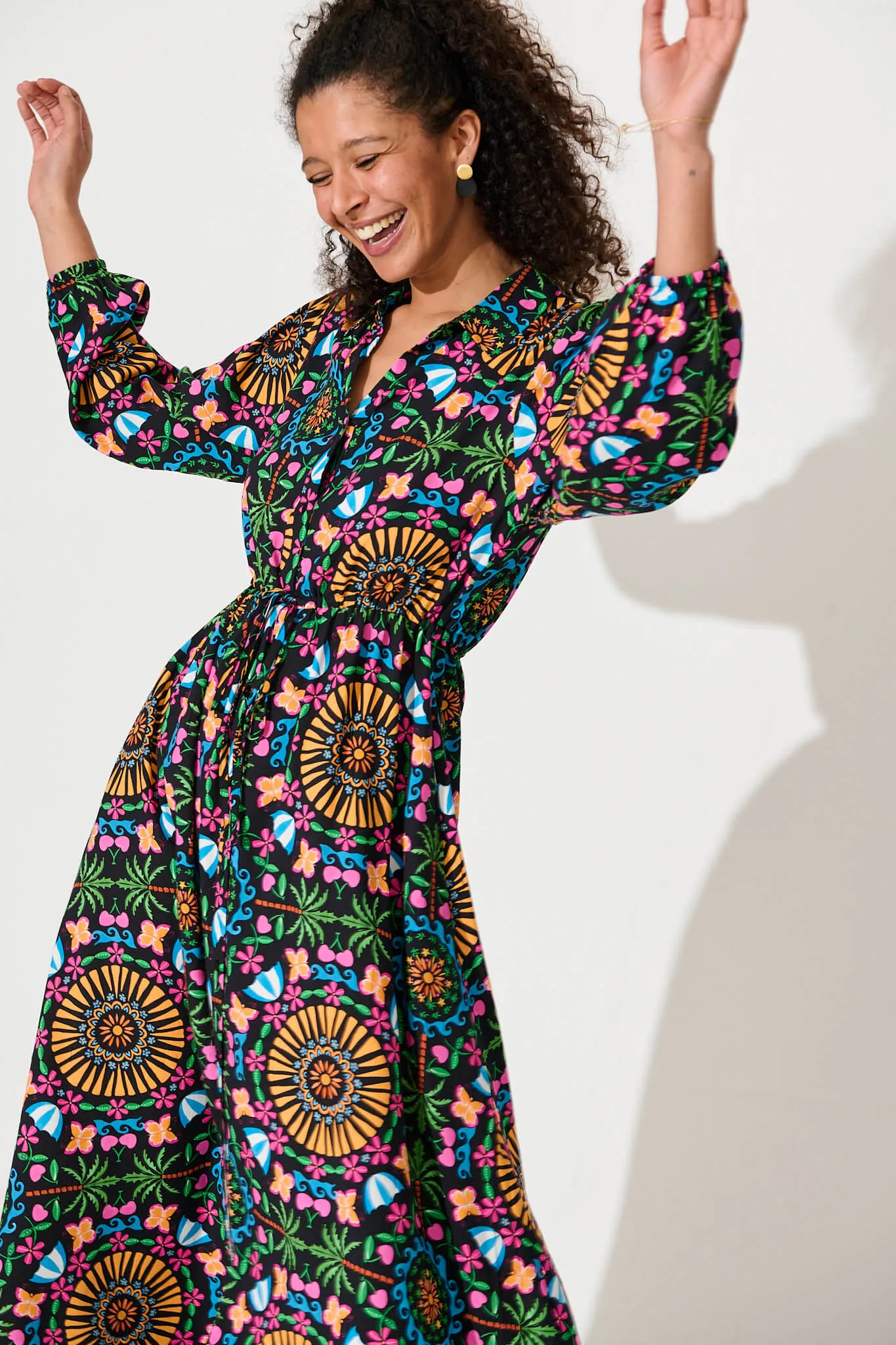 Gladioli Midi Shirt Dress In Black With Multi Bamboo Rayon sold by St Frock product image thumbnail 2