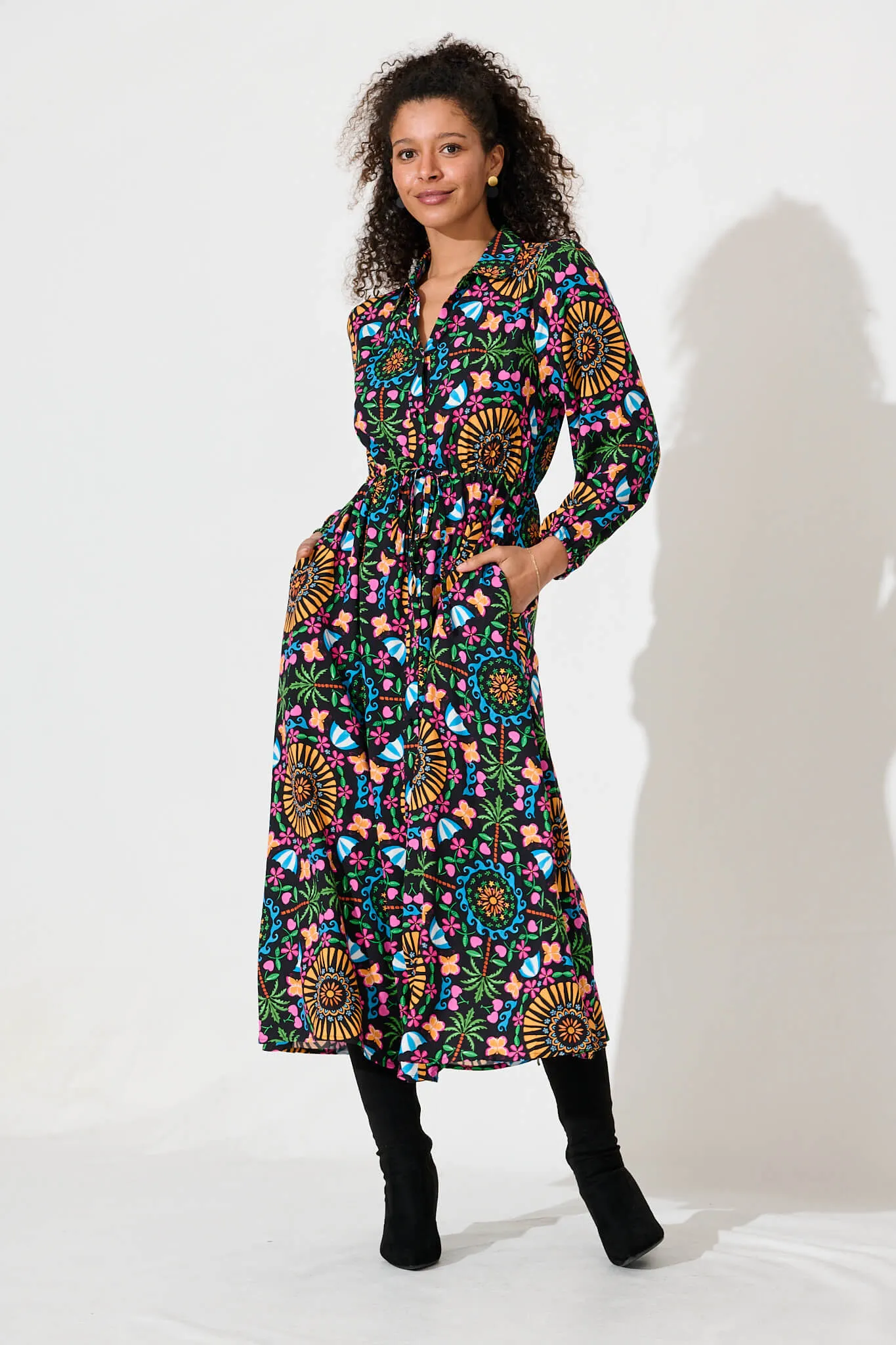 Gladioli Midi Shirt Dress In Black With Multi Bamboo Rayon sold by St Frock
