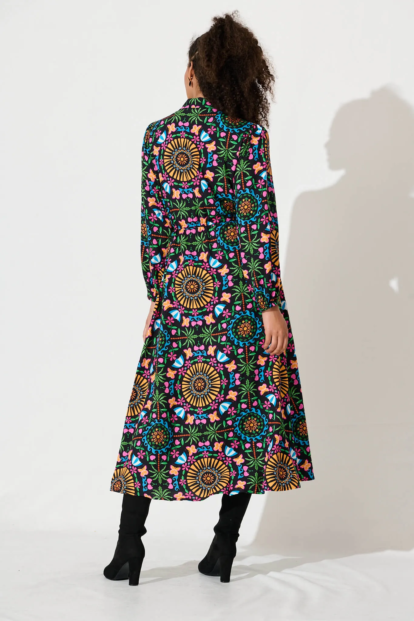 Gladioli Midi Shirt Dress In Black With Multi Bamboo Rayon sold by St Frock product image thumbnail 4