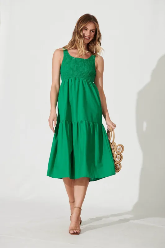 Caribbean Midi Dress In Bright Green Cotton Linen sold by St Frock