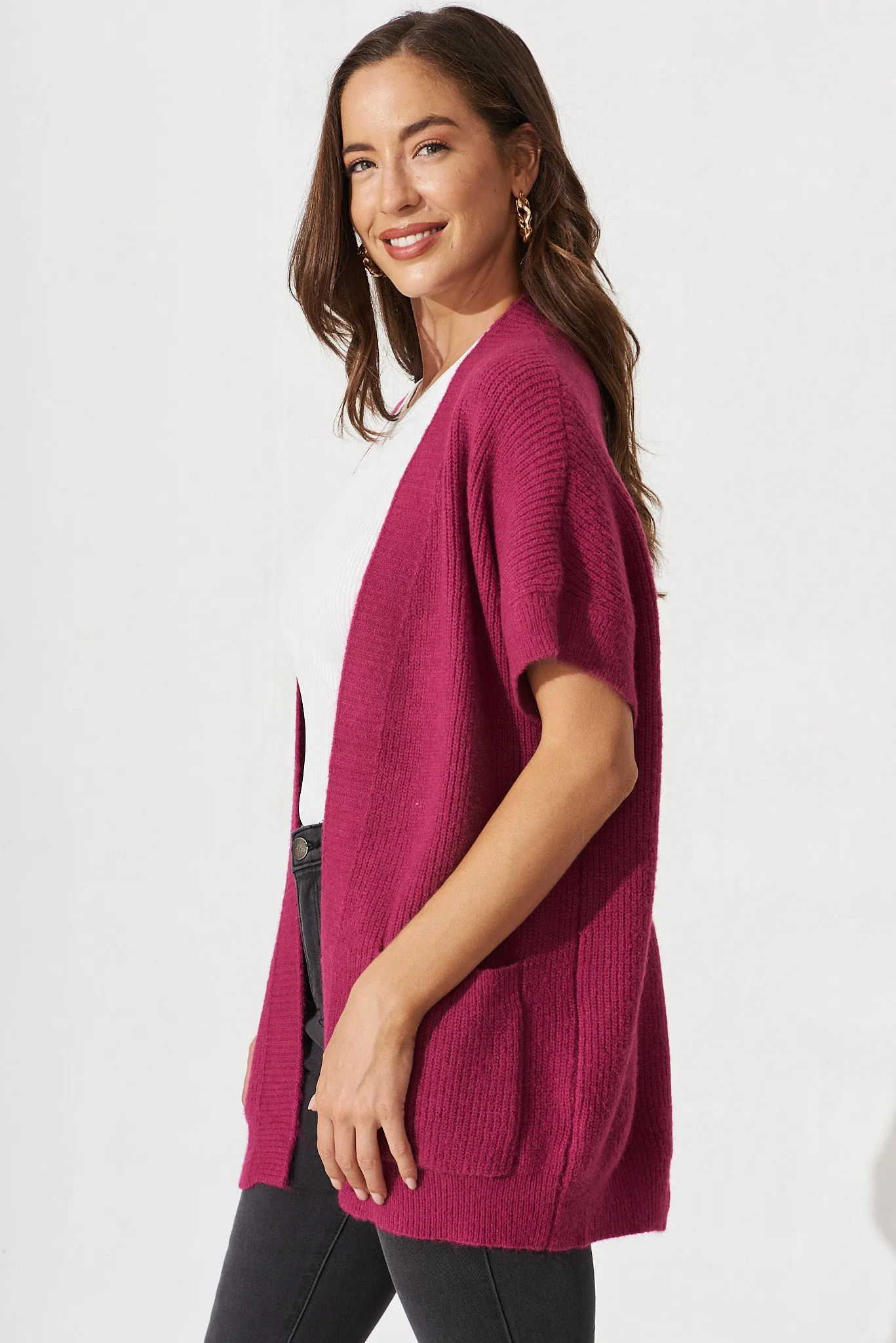 Vienna Knit Cardigan In Magenta Wool Blend sold by St Frock product image thumbnail 5