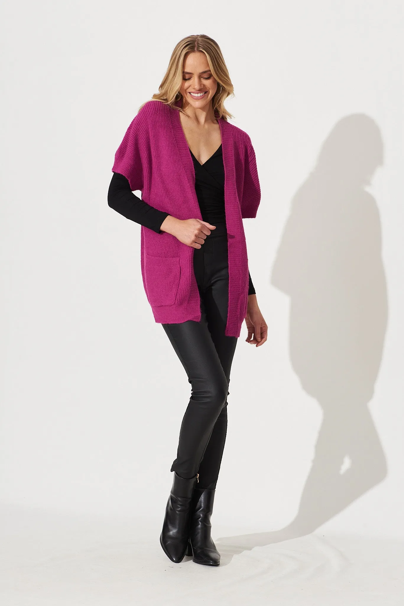 Vienna Knit Cardigan In Magenta Wool Blend sold by St Frock