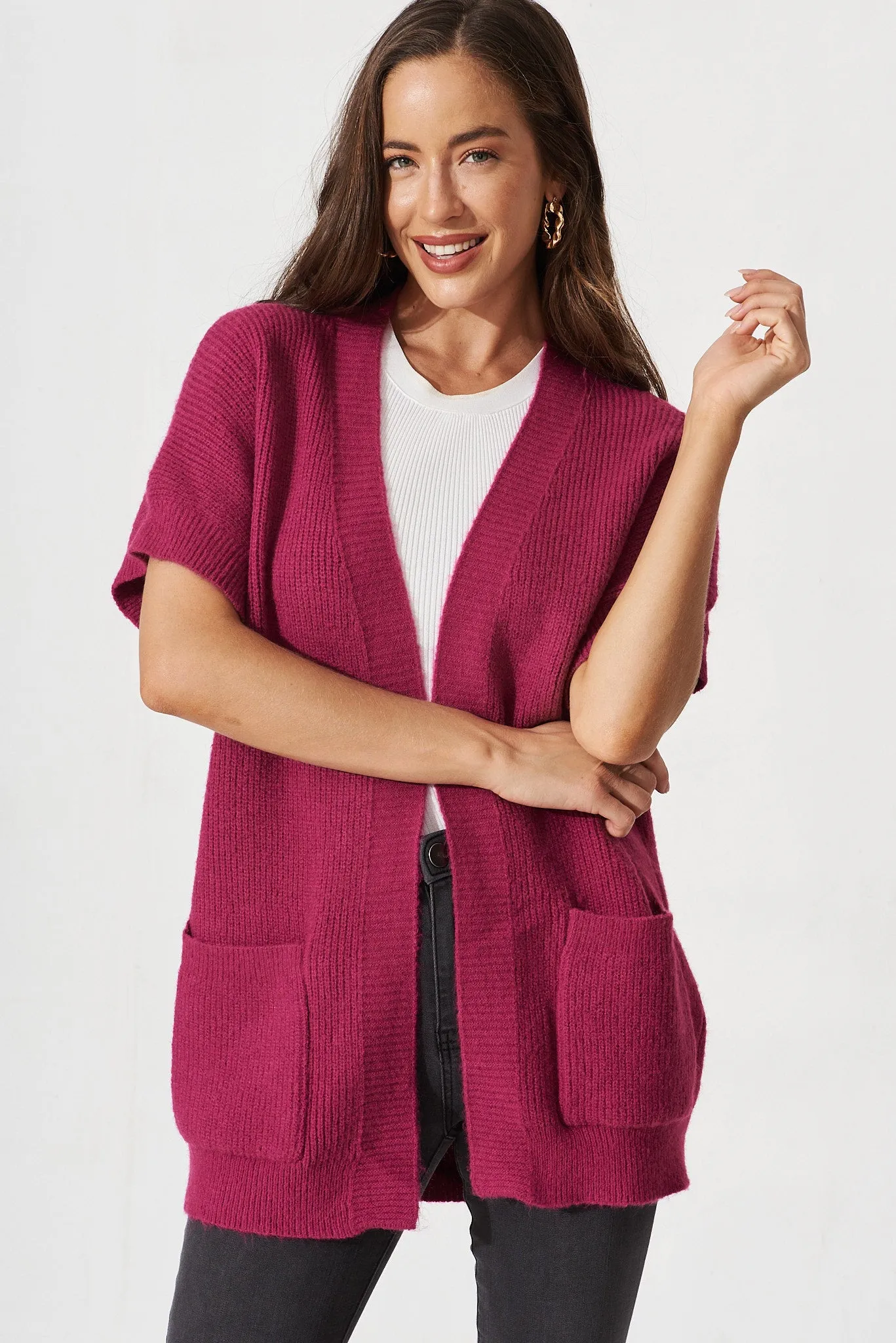 Vienna Knit Cardigan In Magenta Wool Blend sold by St Frock product image thumbnail 4