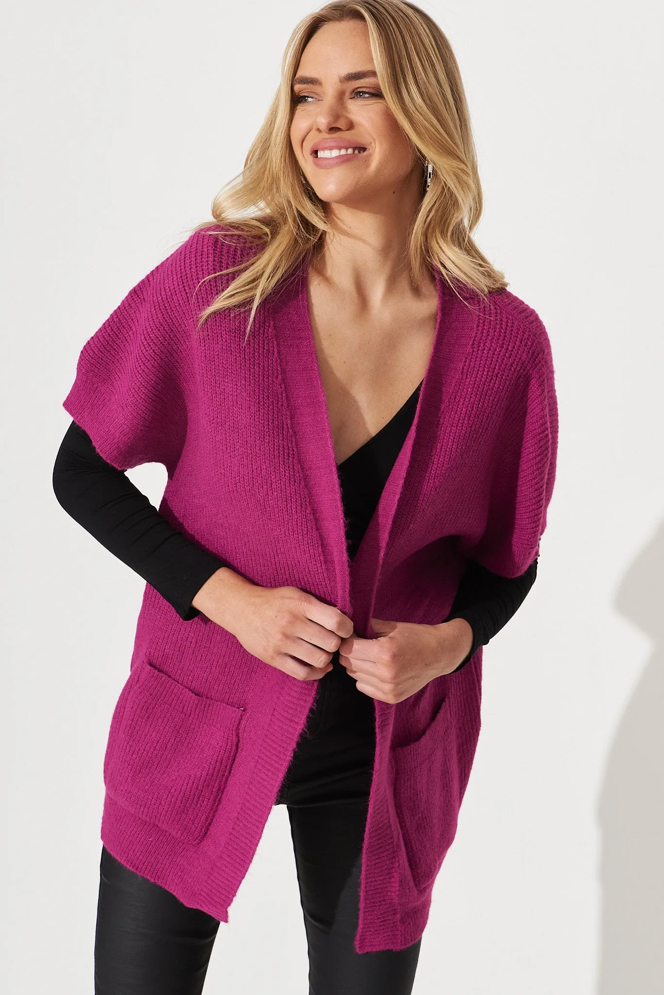 Vienna Knit Cardigan In Magenta Wool Blend sold by St Frock product image thumbnail 2