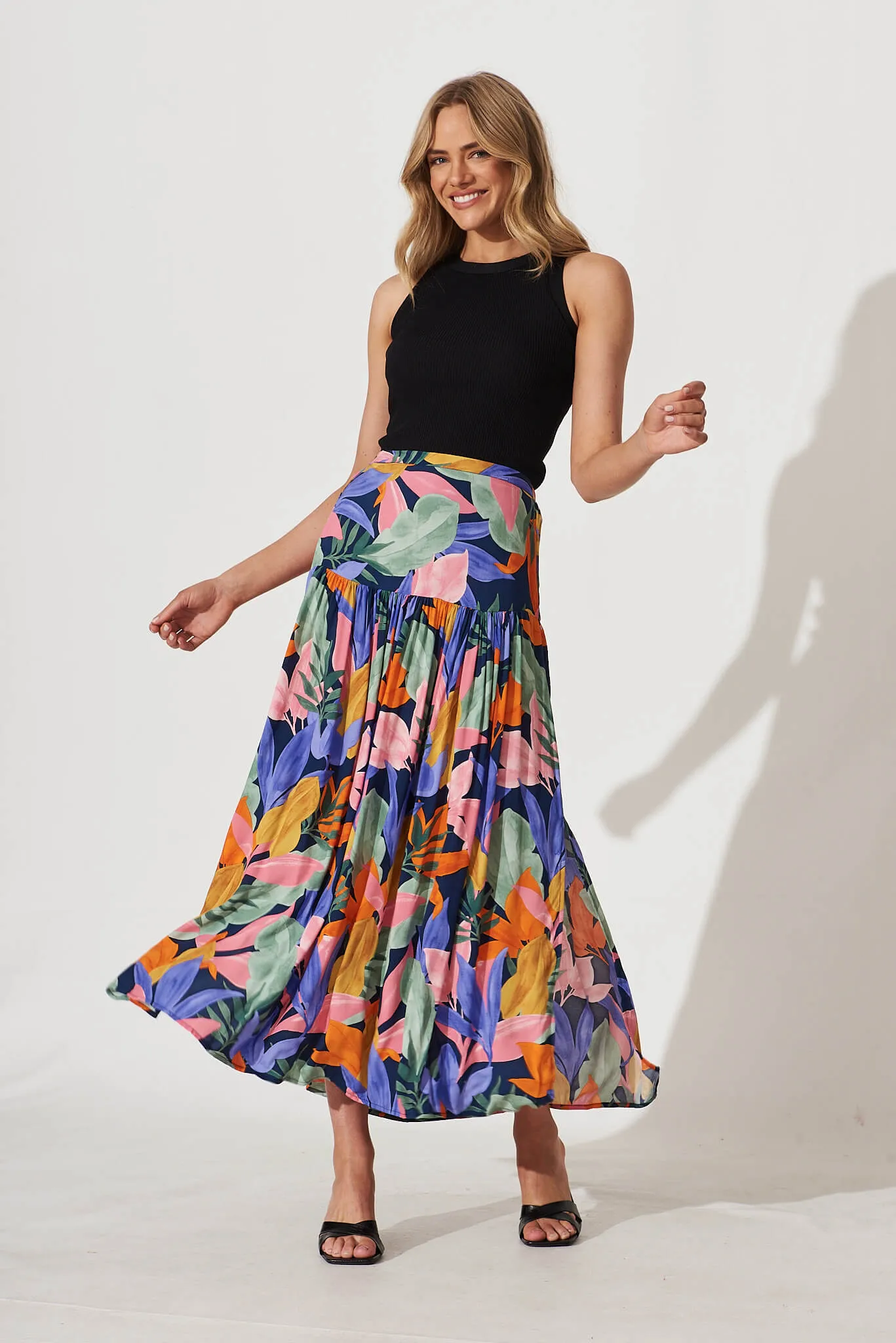 Cassandra Maxi Skirt In Navy Multi Leaf Print sold by St Frock