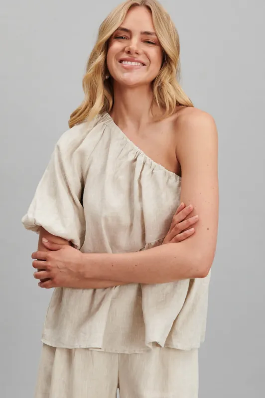 Quest One Shoulder Top In Oatmeal Pure Linen sold by St Frock