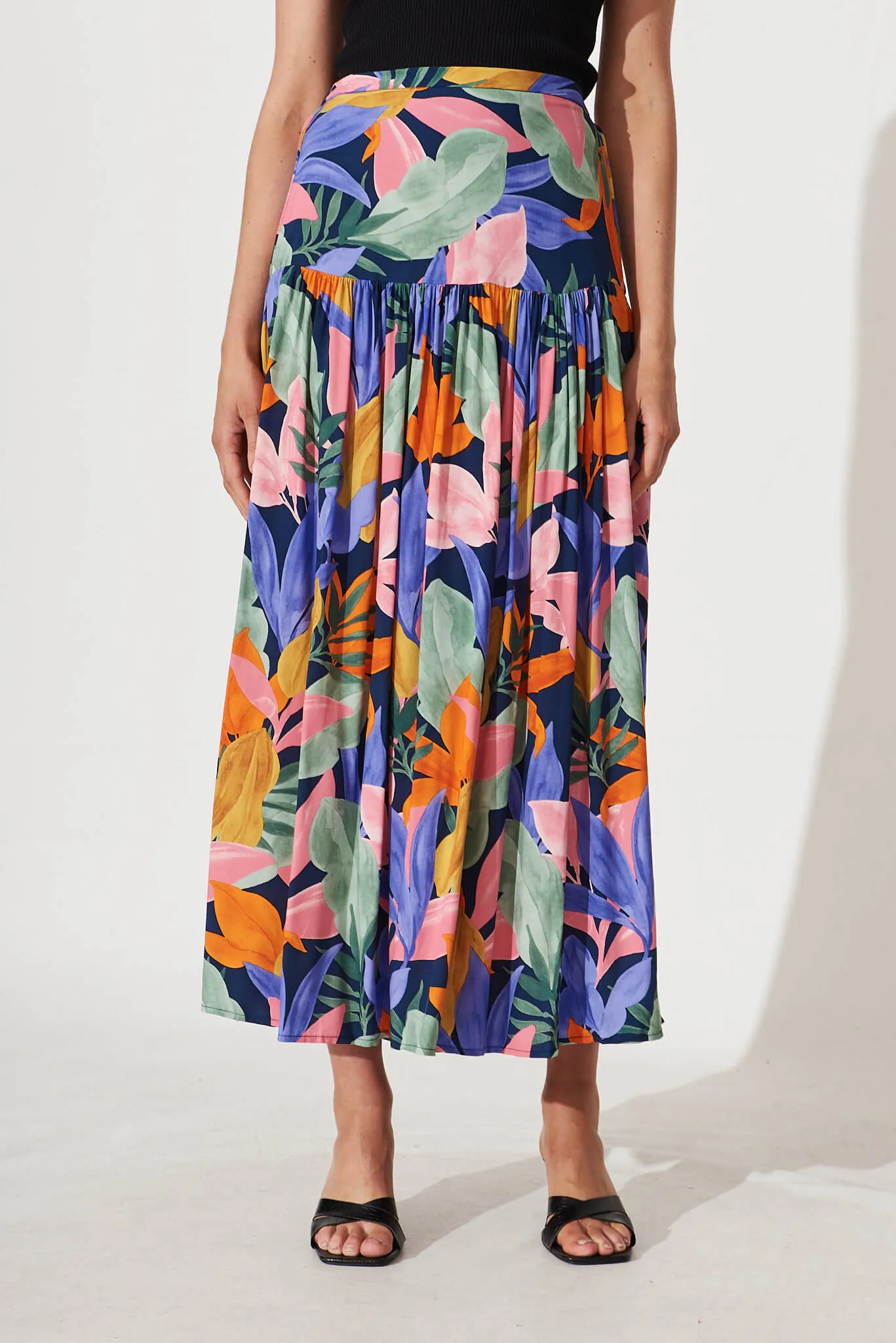 Cassandra Maxi Skirt In Navy Multi Leaf Print sold by St Frock product image thumbnail 2