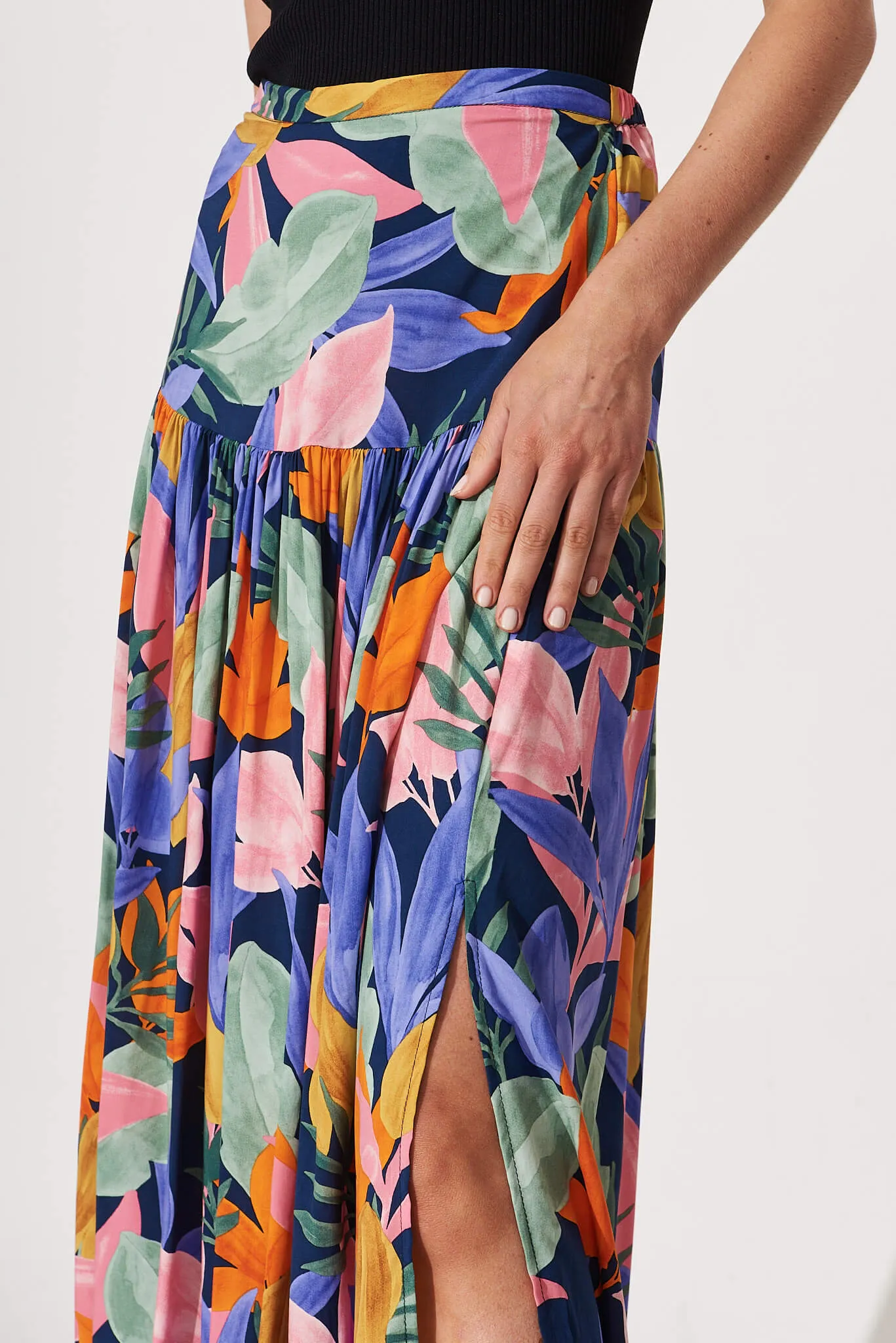 Cassandra Maxi Skirt In Navy Multi Leaf Print sold by St Frock product image thumbnail 5