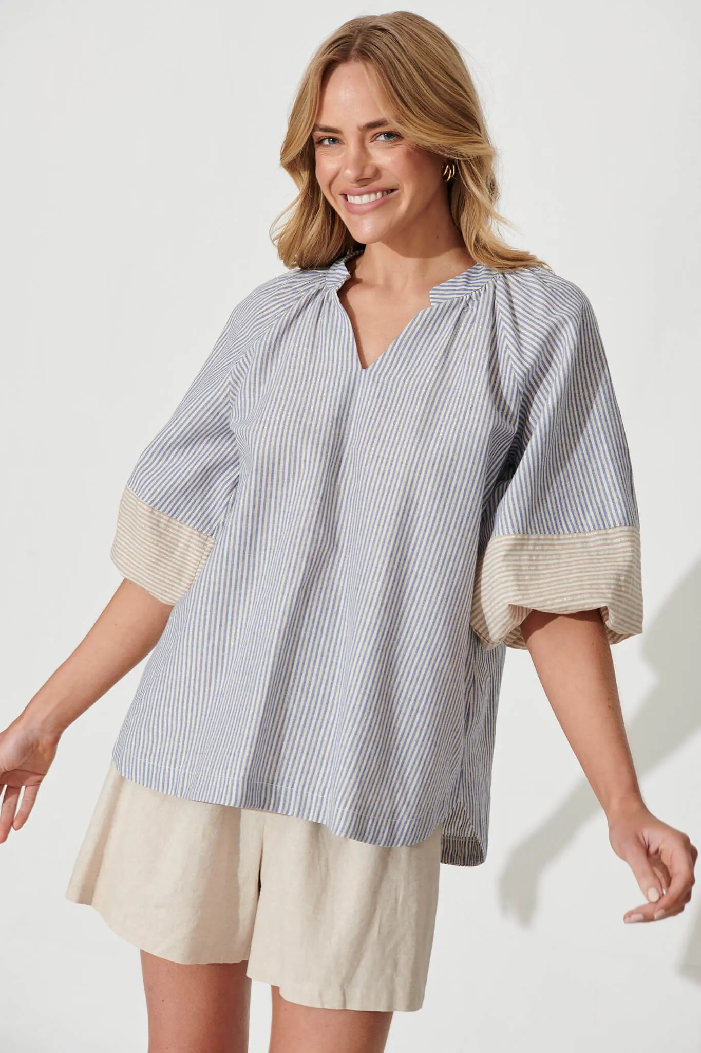 Rafaela Top In Blue Stripe With Gold Lurex Cotton Blend sold by St Frock