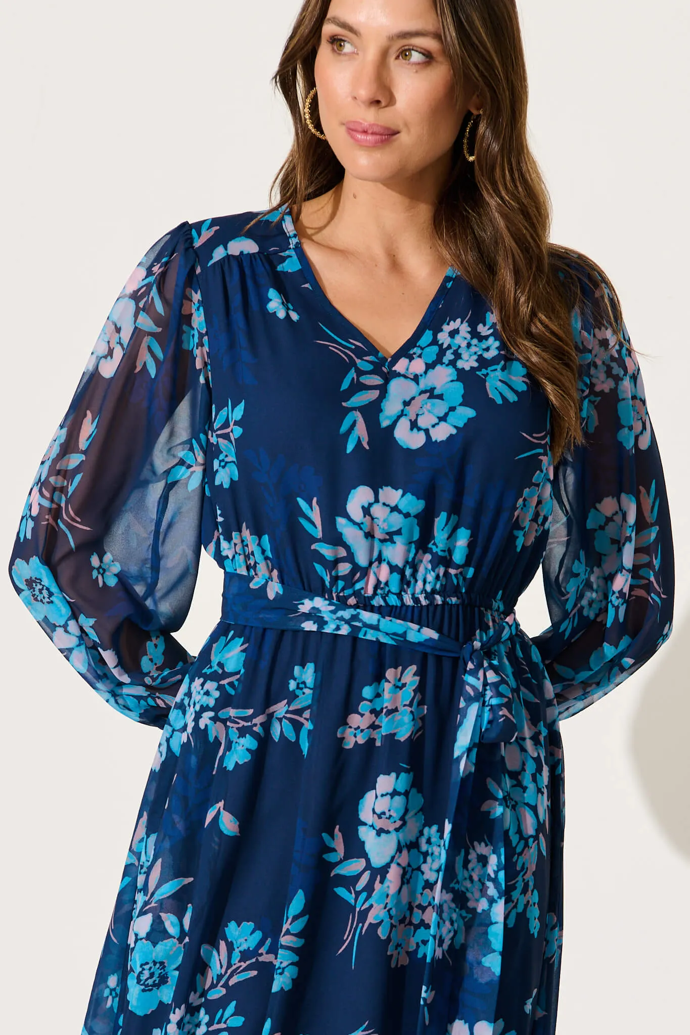 Dahlias Midi Dress In Navy With Blue Floral Chiffon sold by St Frock product image thumbnail 5
