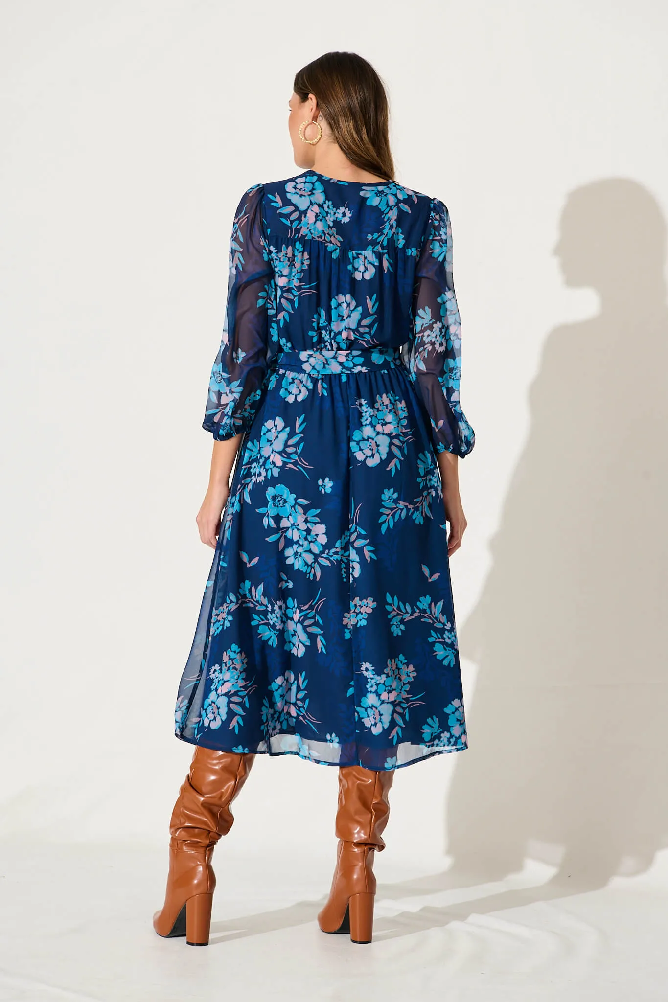 Dahlias Midi Dress In Navy With Blue Floral Chiffon sold by St Frock product image thumbnail 4