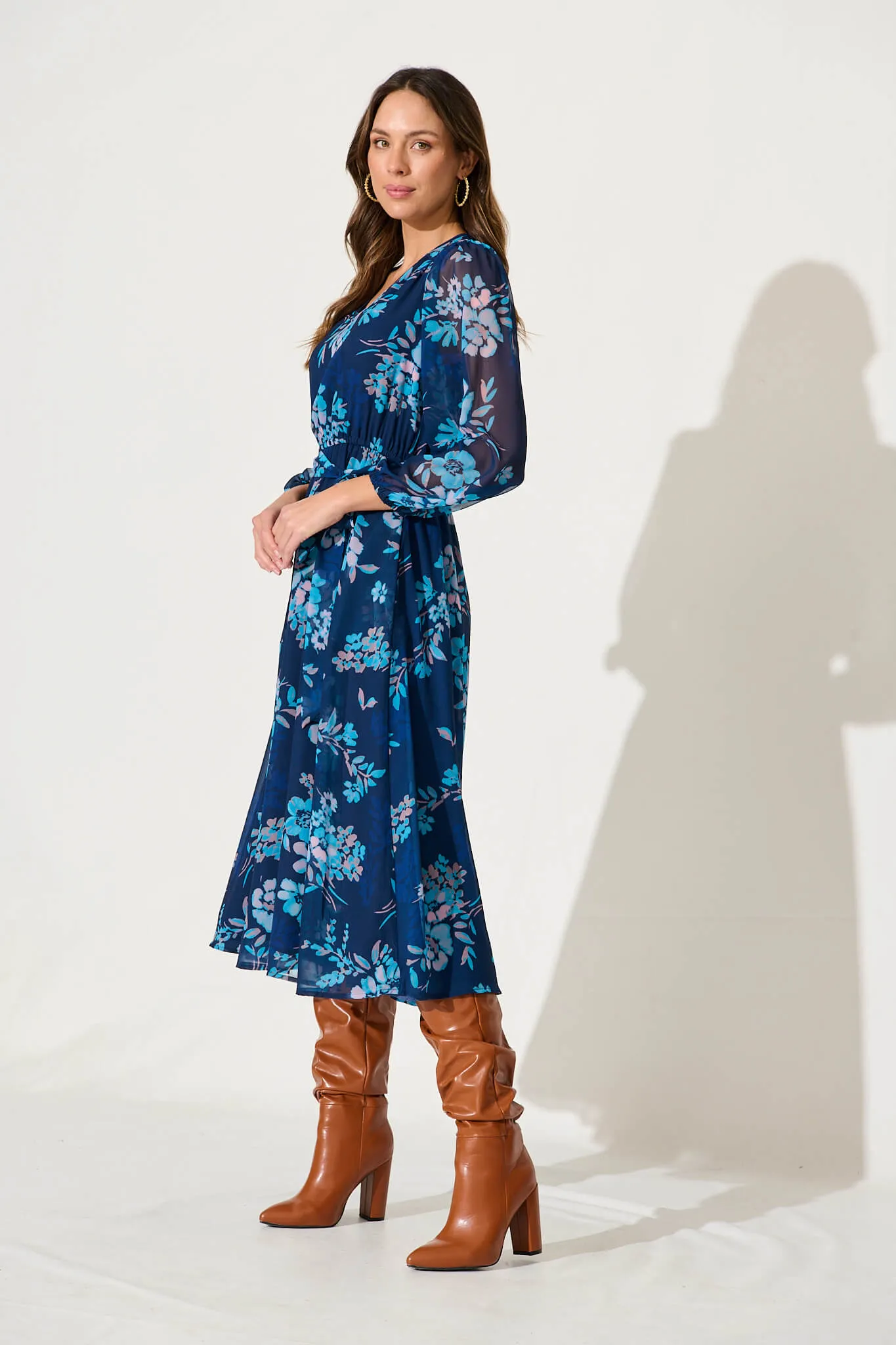 Dahlias Midi Dress In Navy With Blue Floral Chiffon sold by St Frock product image thumbnail 3