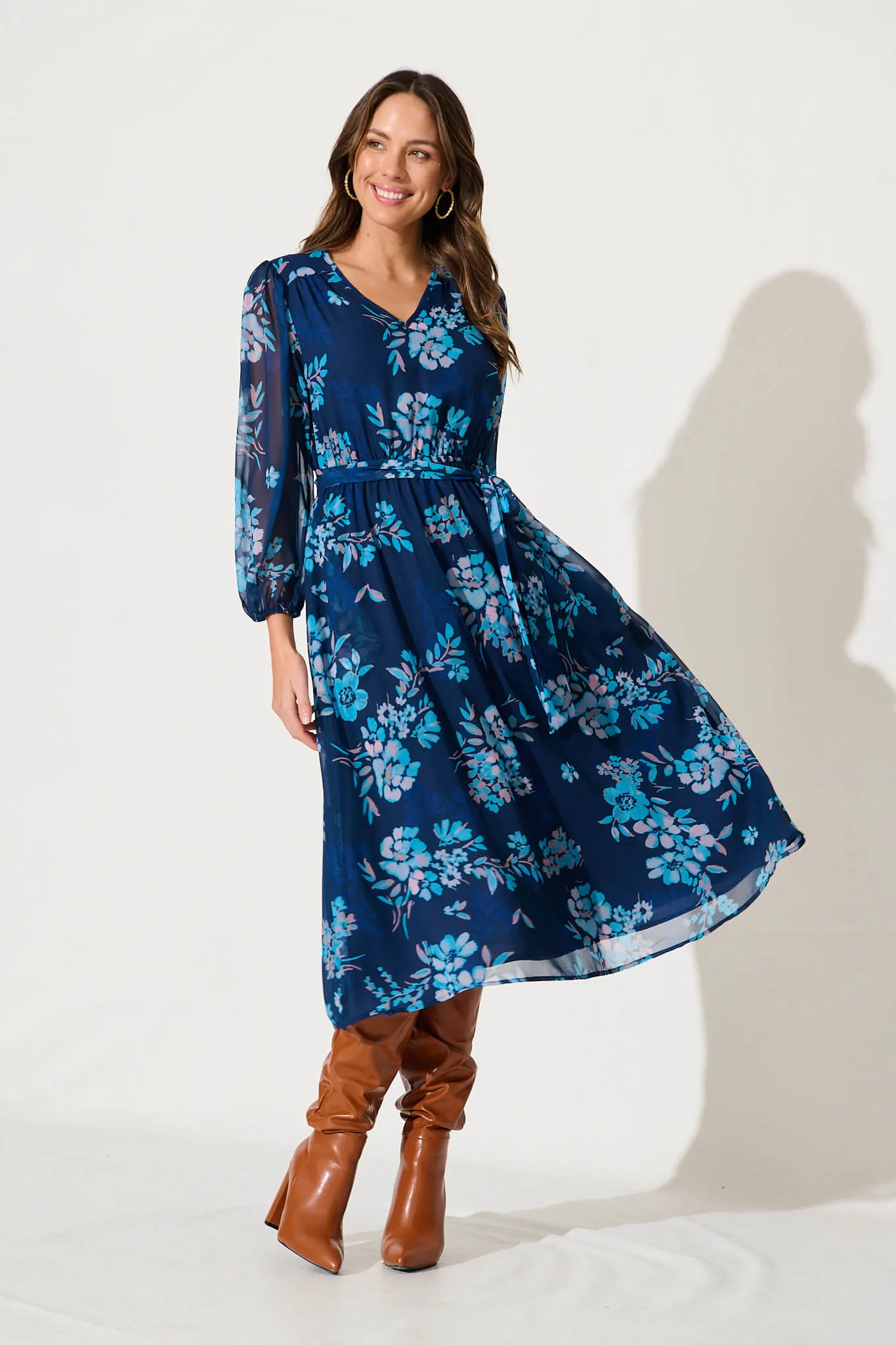 Dahlias Midi Dress In Navy With Blue Floral Chiffon sold by St Frock