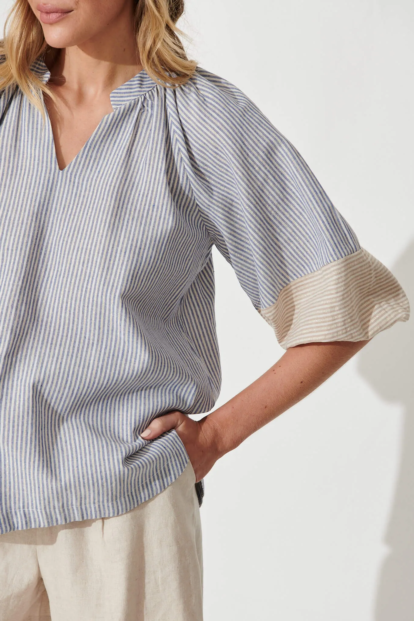 Rafaela Top In Blue Stripe With Gold Lurex Cotton Blend sold by St Frock product image thumbnail 5