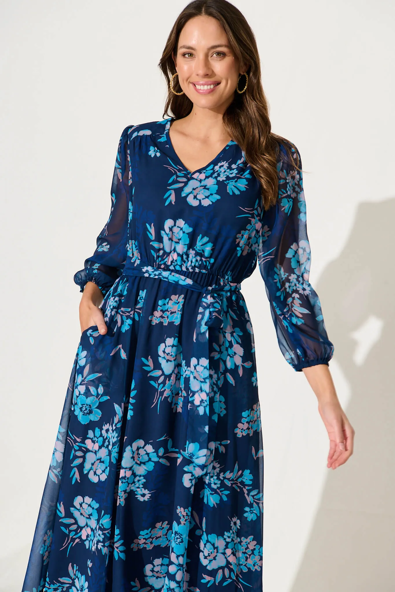 Dahlias Midi Dress In Navy With Blue Floral Chiffon sold by St Frock product image thumbnail 2