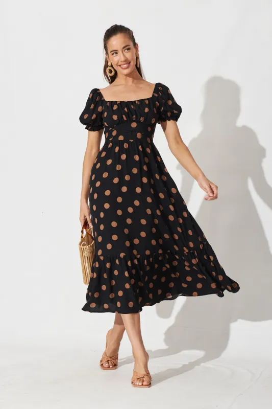 Candie Midi Dress In Black With Brown Spot sold by St Frock