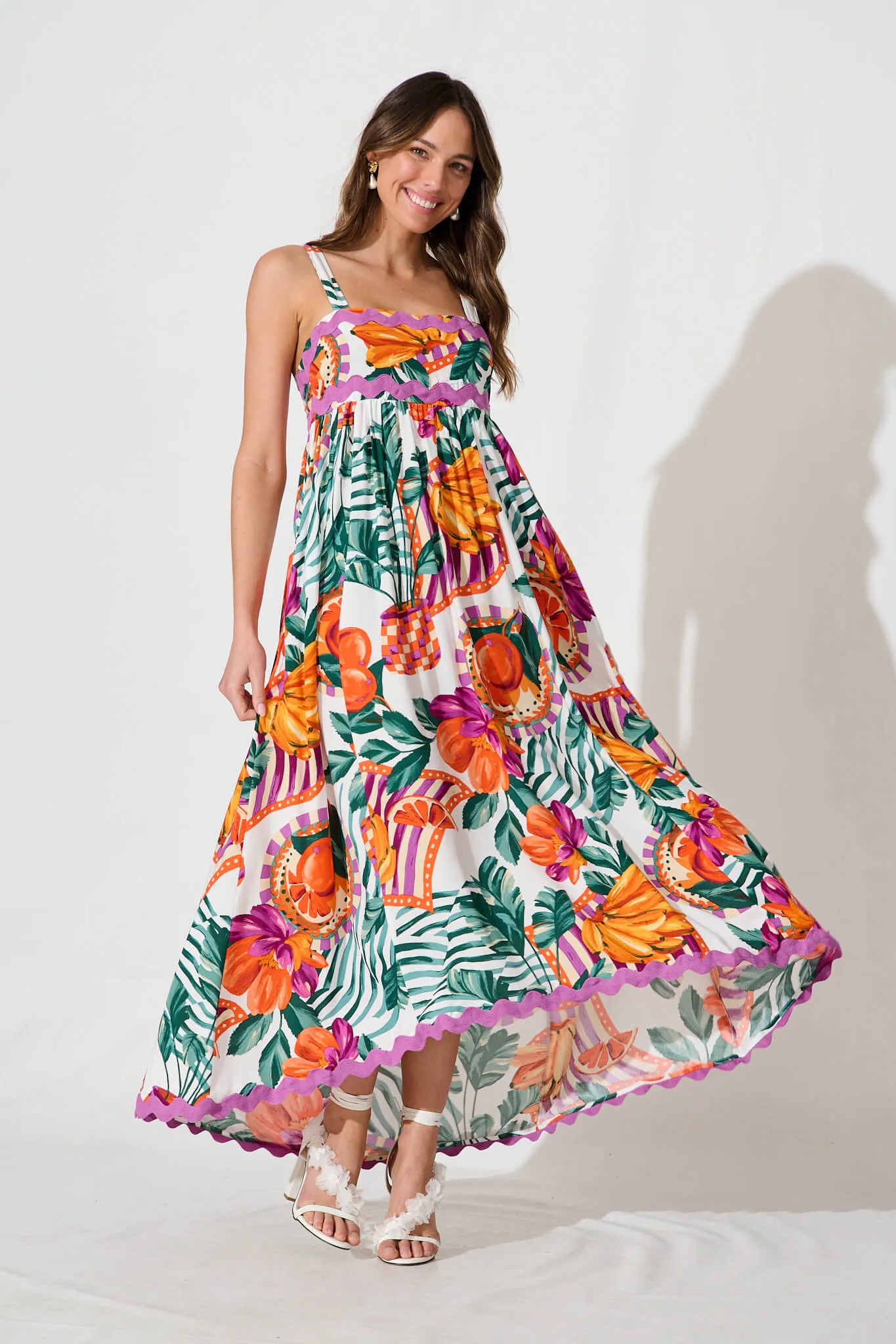 Tami Maxi Dress In White Multi With Ric Rac Trim sold by St Frock