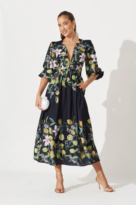 Camie Maxi Dress In Black With Yellow Print sold by St Frock