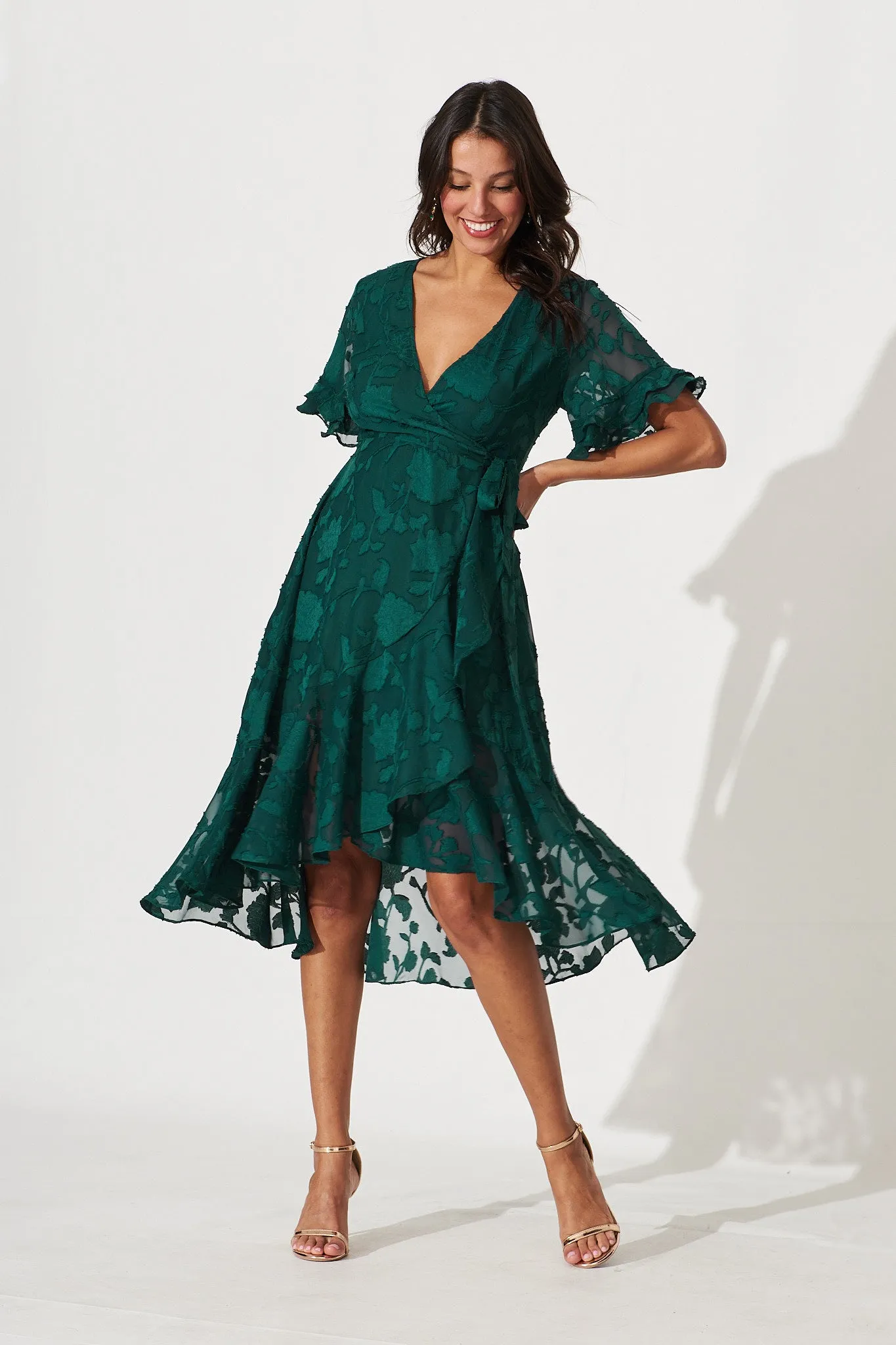 Felicidad Midi Wrap Dress In Emerald Chiffon sold by St Frock
