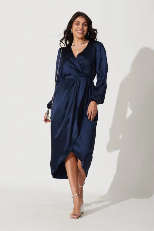 Tina Midi Dress In Navy Satin sold by St Frock