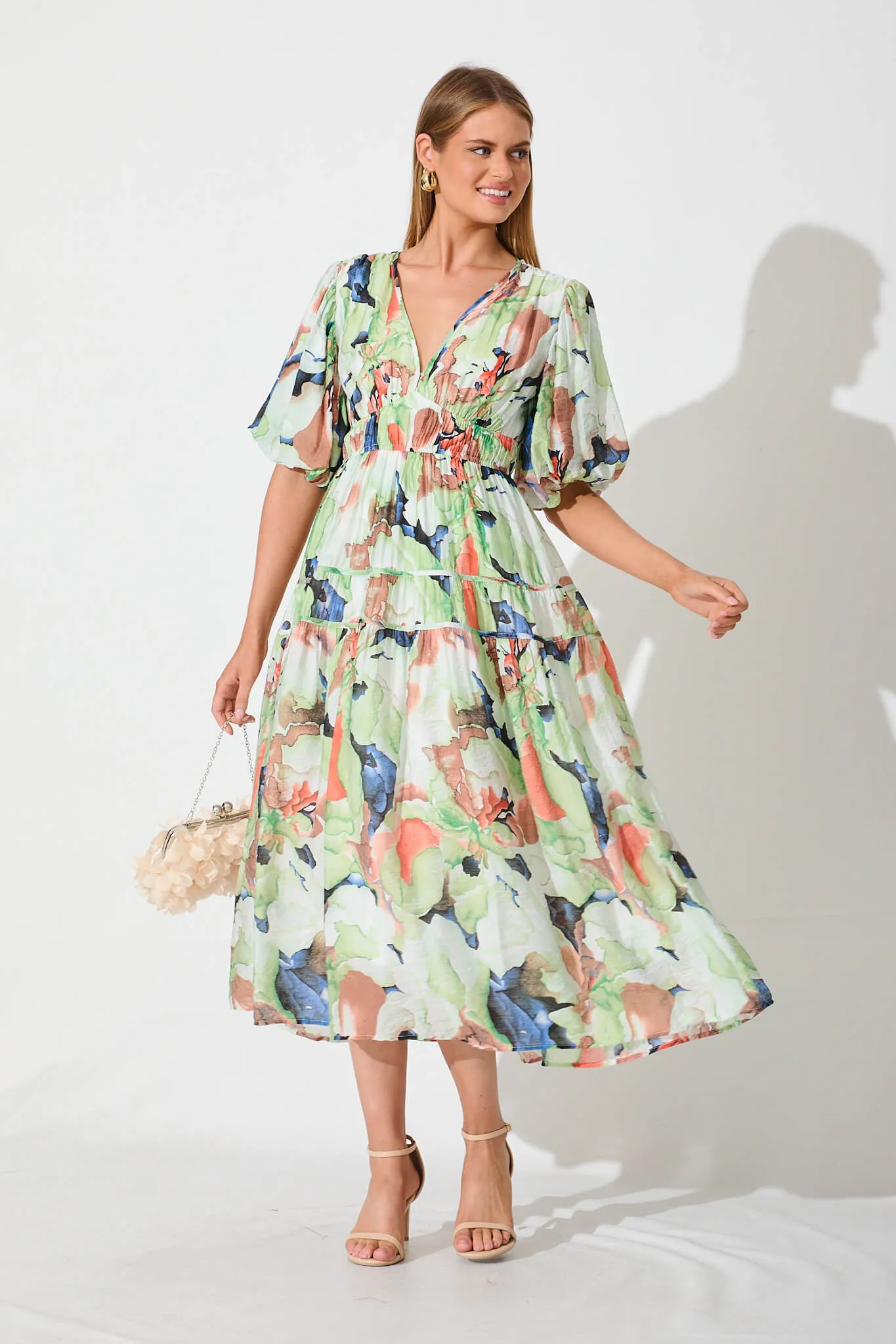 Amalie Midi Dress In Green And Multi Floral sold by St Frock