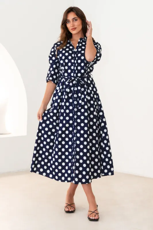 Prita Midi Shirt Dress In Navy And White Polka Dot Cotton sold by St Frock
