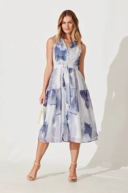 Zali Midi Shirt Dress In Blue Watercolour Cotton Blend sold by St Frock