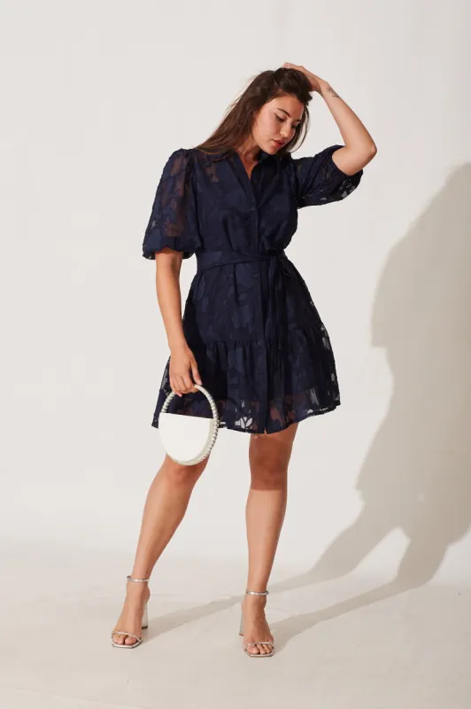 Fione Shirt Dress In Navy Burnout Chiffon sold by St Frock