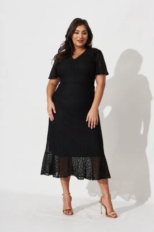 Lorena Midi Dress In Black Lace sold by St Frock