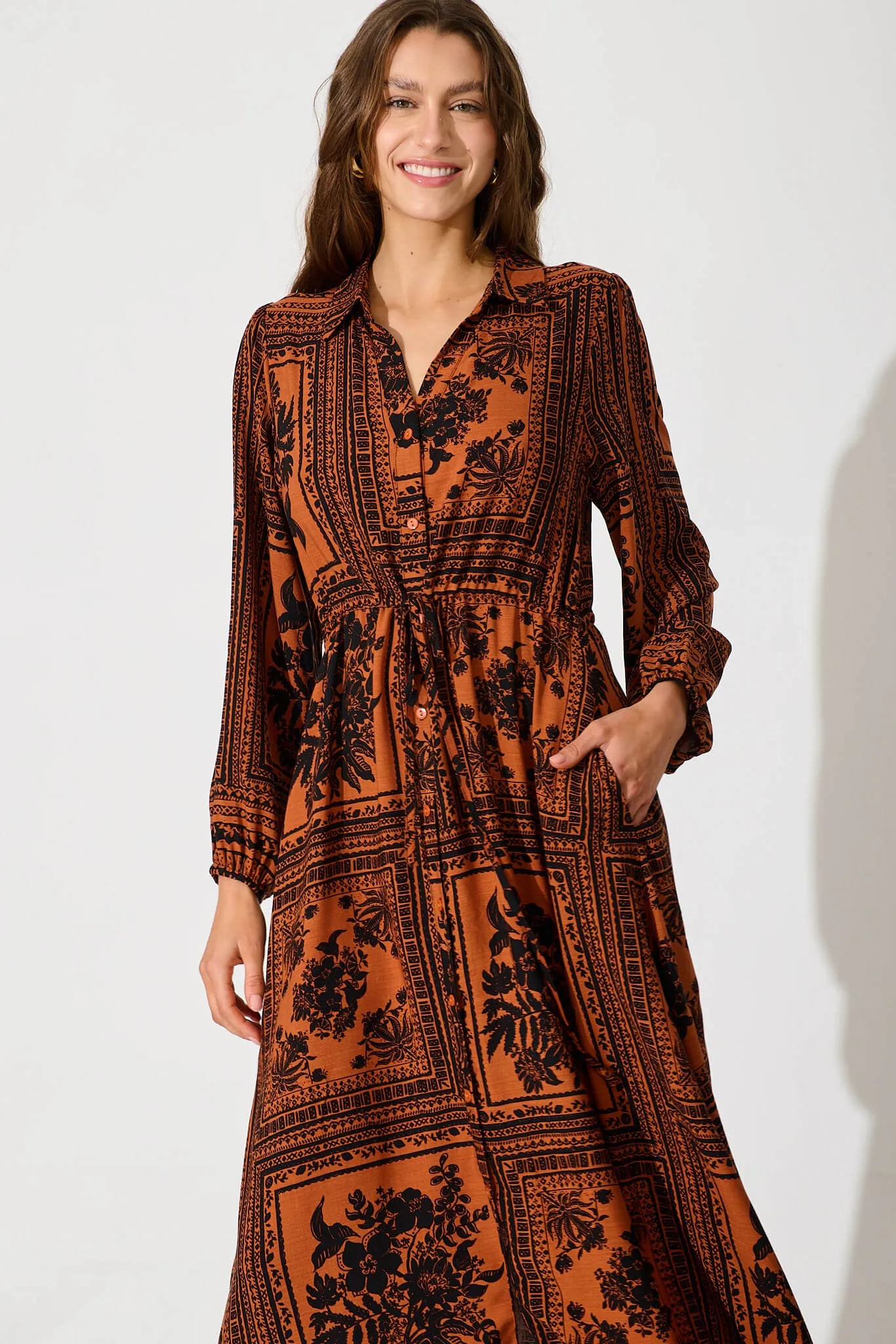 Merryvale Midi Shirt Dress In Rust With Black Floral Print sold by St Frock product image thumbnail 2