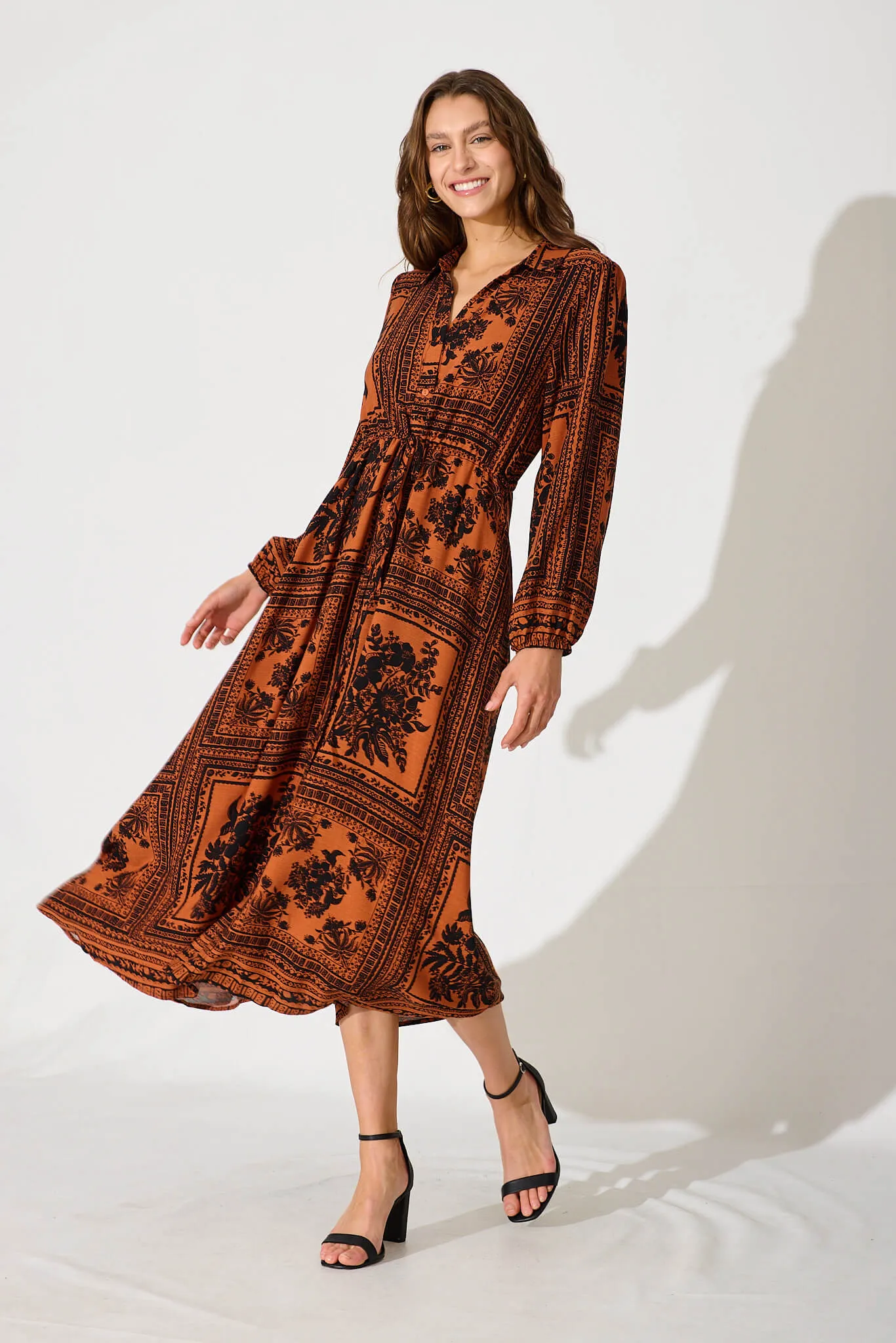 Merryvale Midi Shirt Dress In Rust With Black Floral Print sold by St Frock