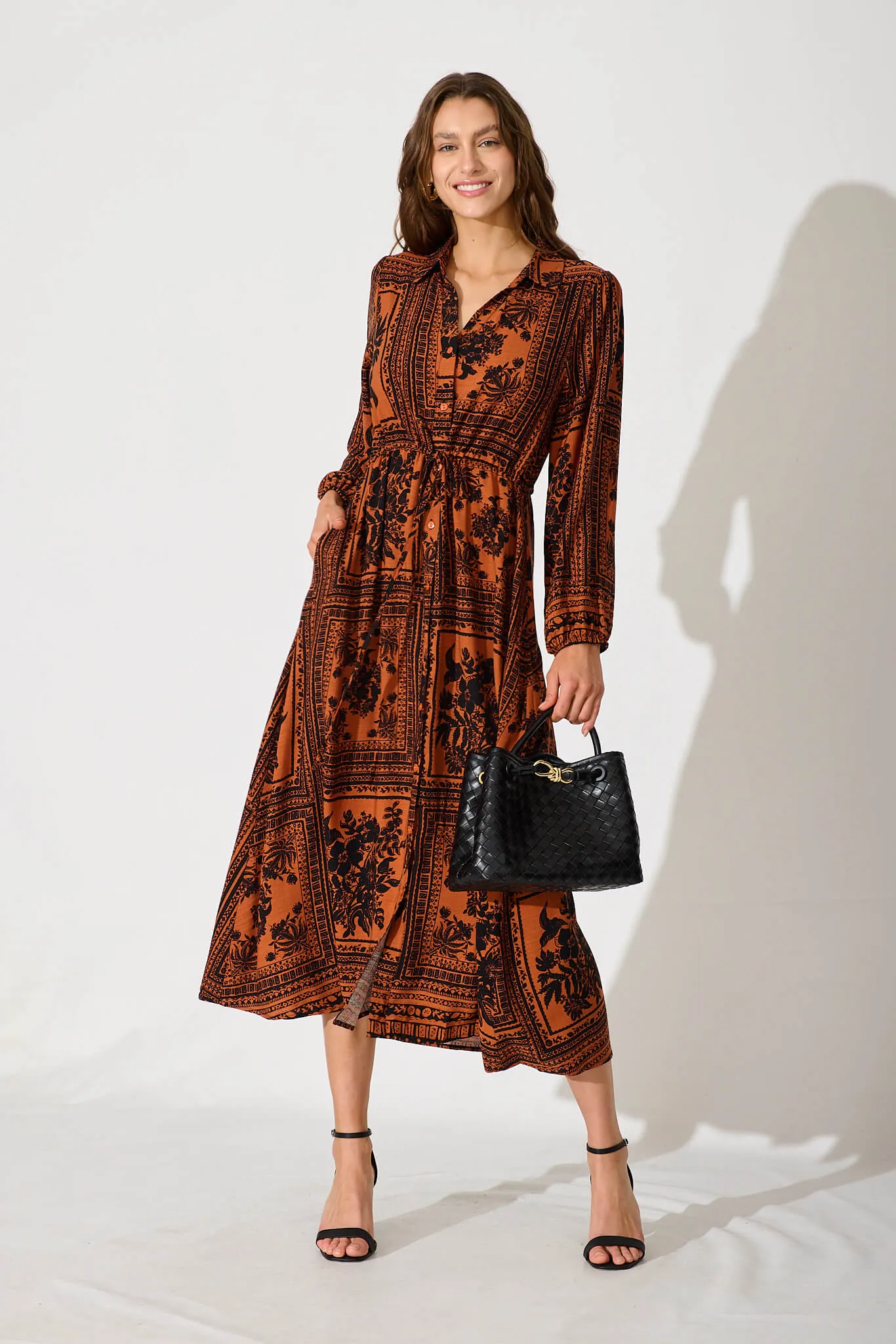 Merryvale Midi Shirt Dress In Rust With Black Floral Print sold by St Frock product image thumbnail 5