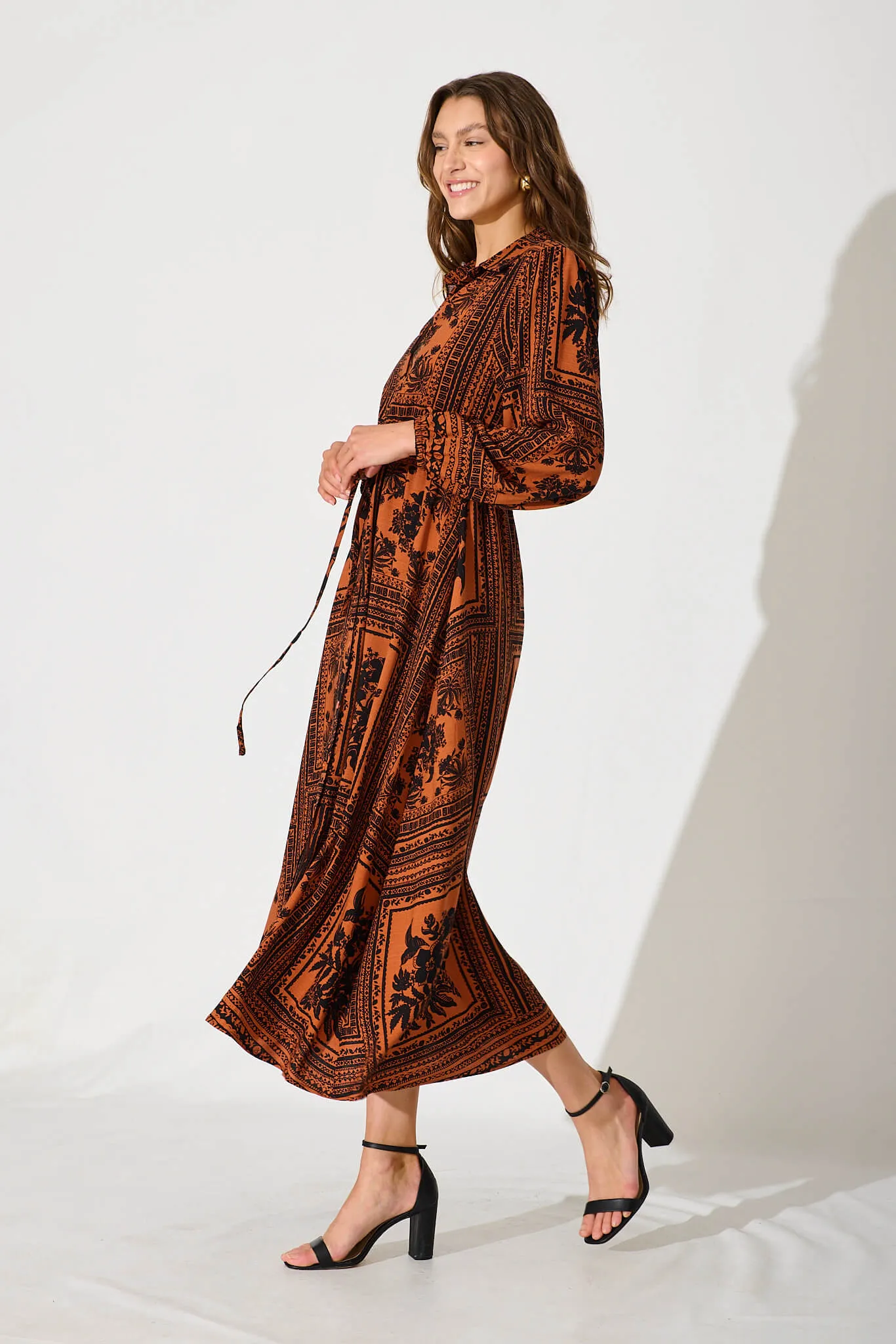 Merryvale Midi Shirt Dress In Rust With Black Floral Print sold by St Frock product image thumbnail 3