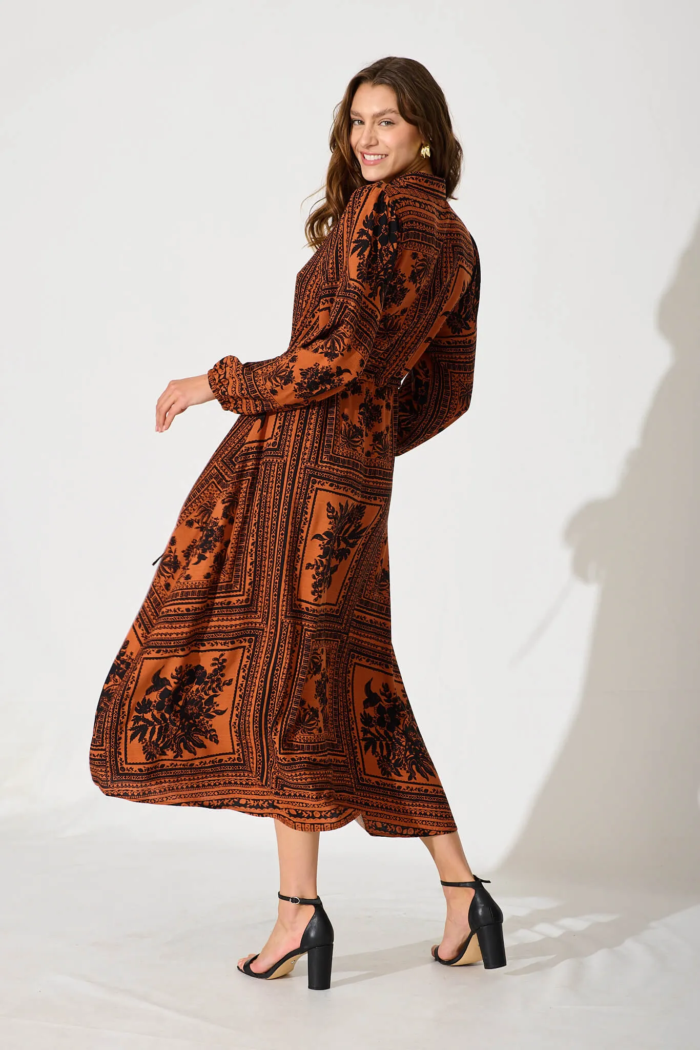 Merryvale Midi Shirt Dress In Rust With Black Floral Print sold by St Frock product image thumbnail 4