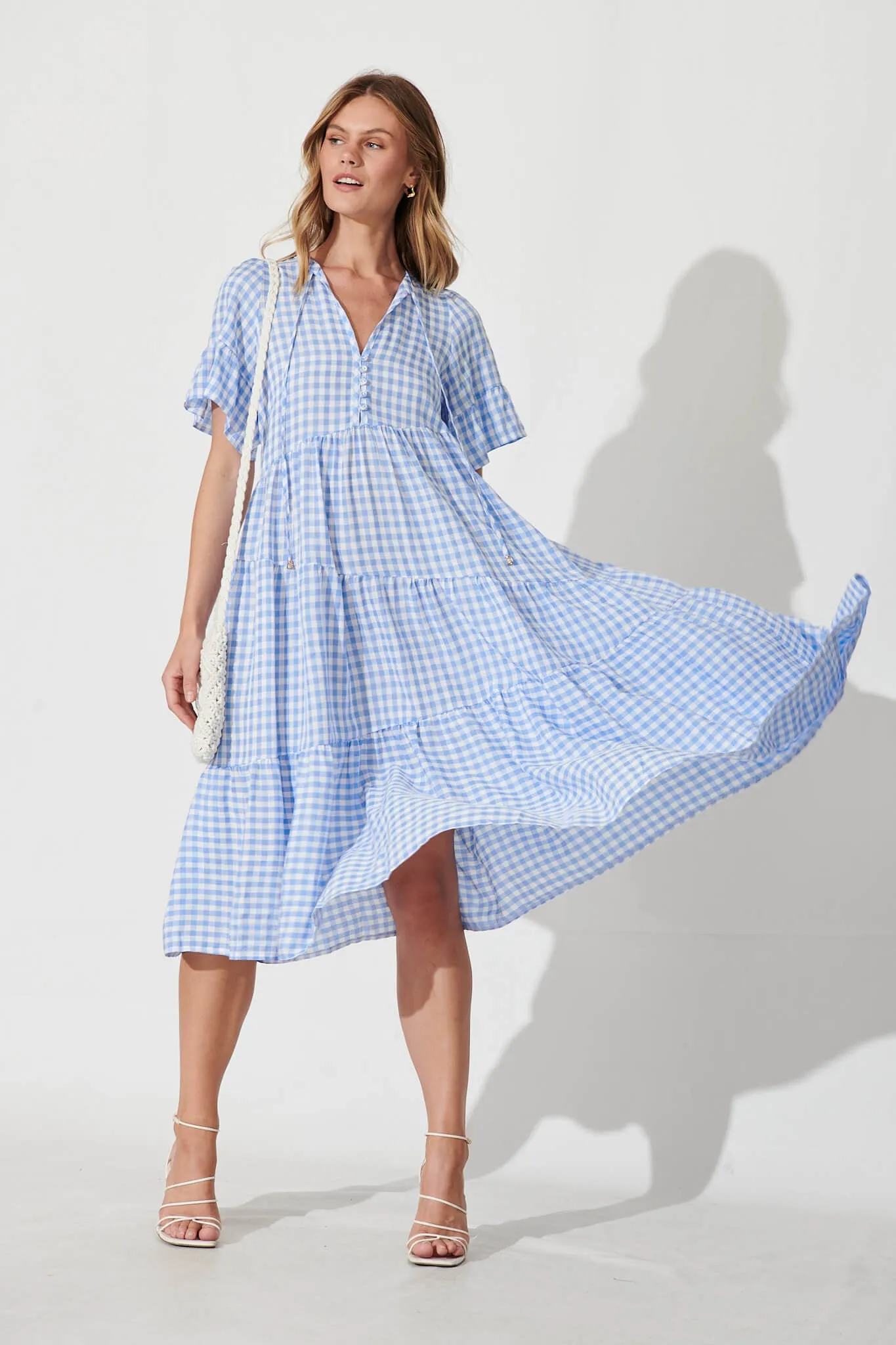 Blue  and White Gingham Luxe Midi Dress Stich and Co
