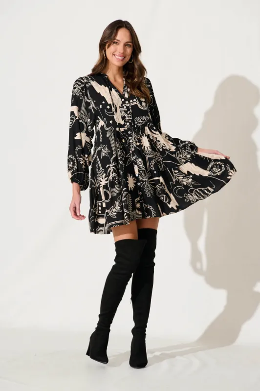 Rosalind Dress In Black With Cream Print sold by St Frock