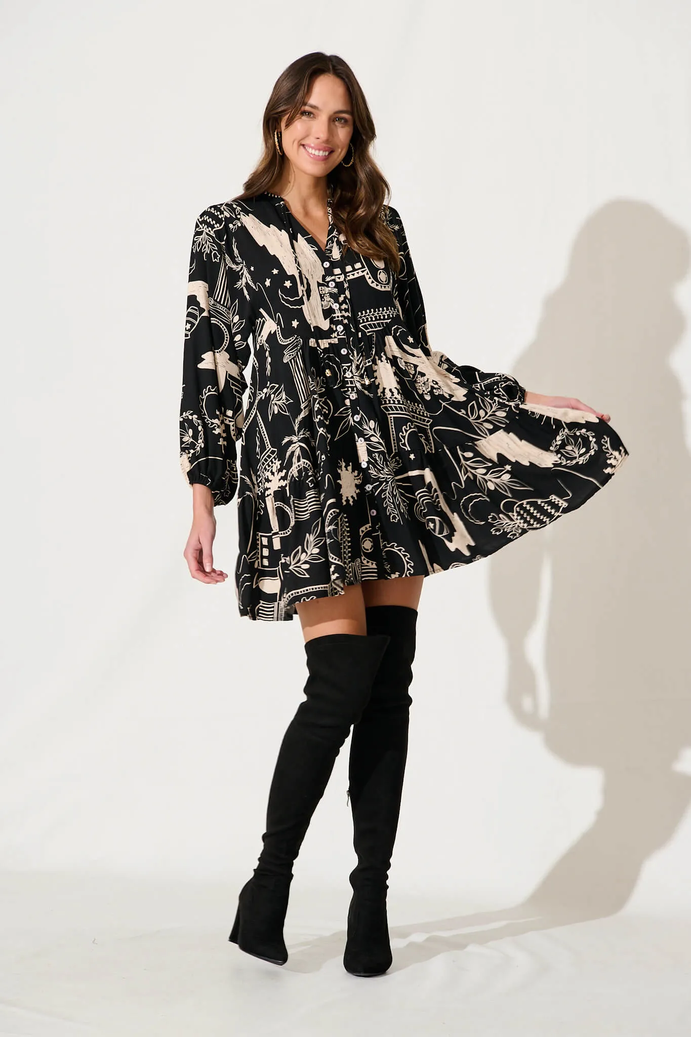 Rosalind Dress In Black With Cream Print sold by St Frock